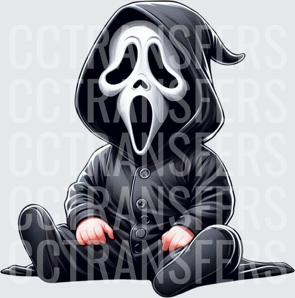 Cute Baby Sitting in Spooky Ghost Face Mask Black Onesie (DTF)