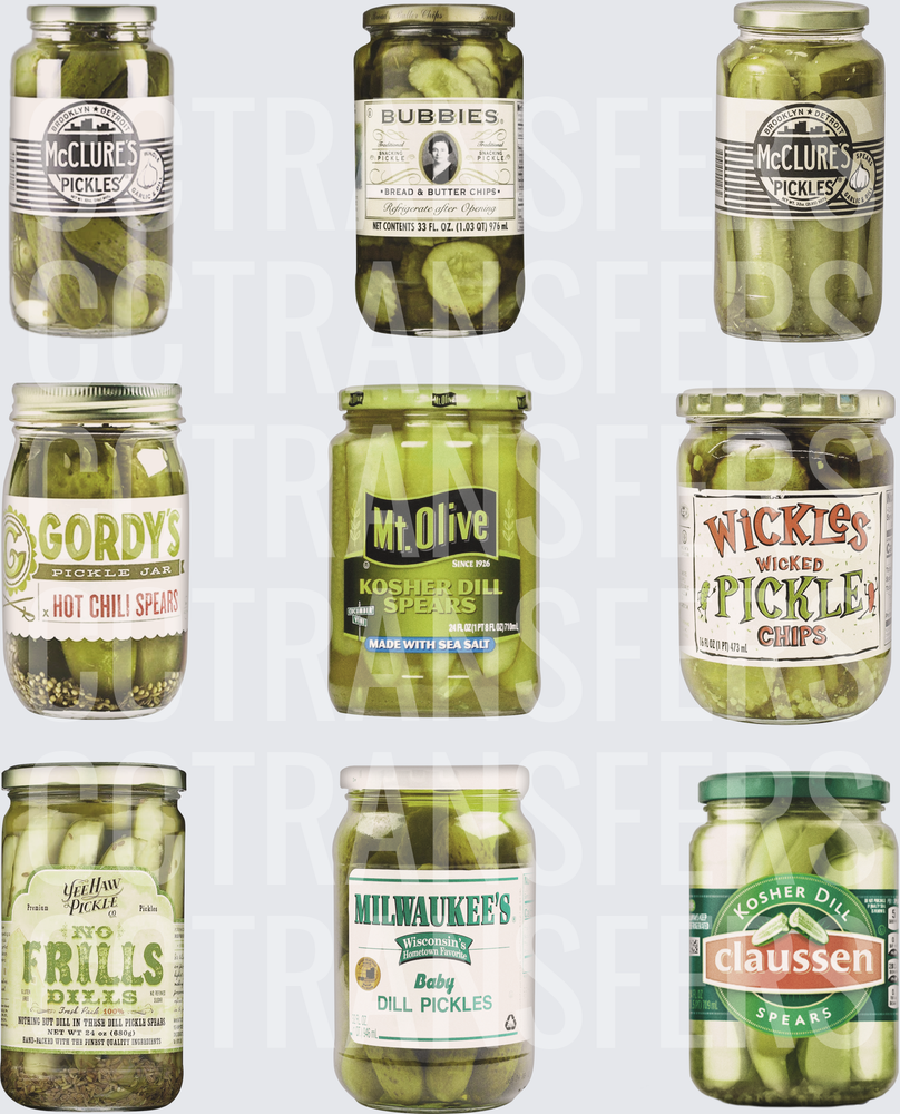 Nine Assorted Pickle Jar Brands Collage (DTF)