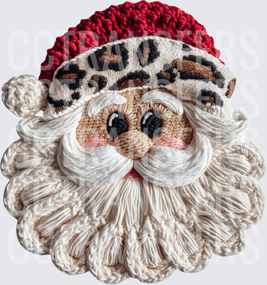 Embroidered Santa Face Leopard Print Hat Fluffy Beard (DTF)