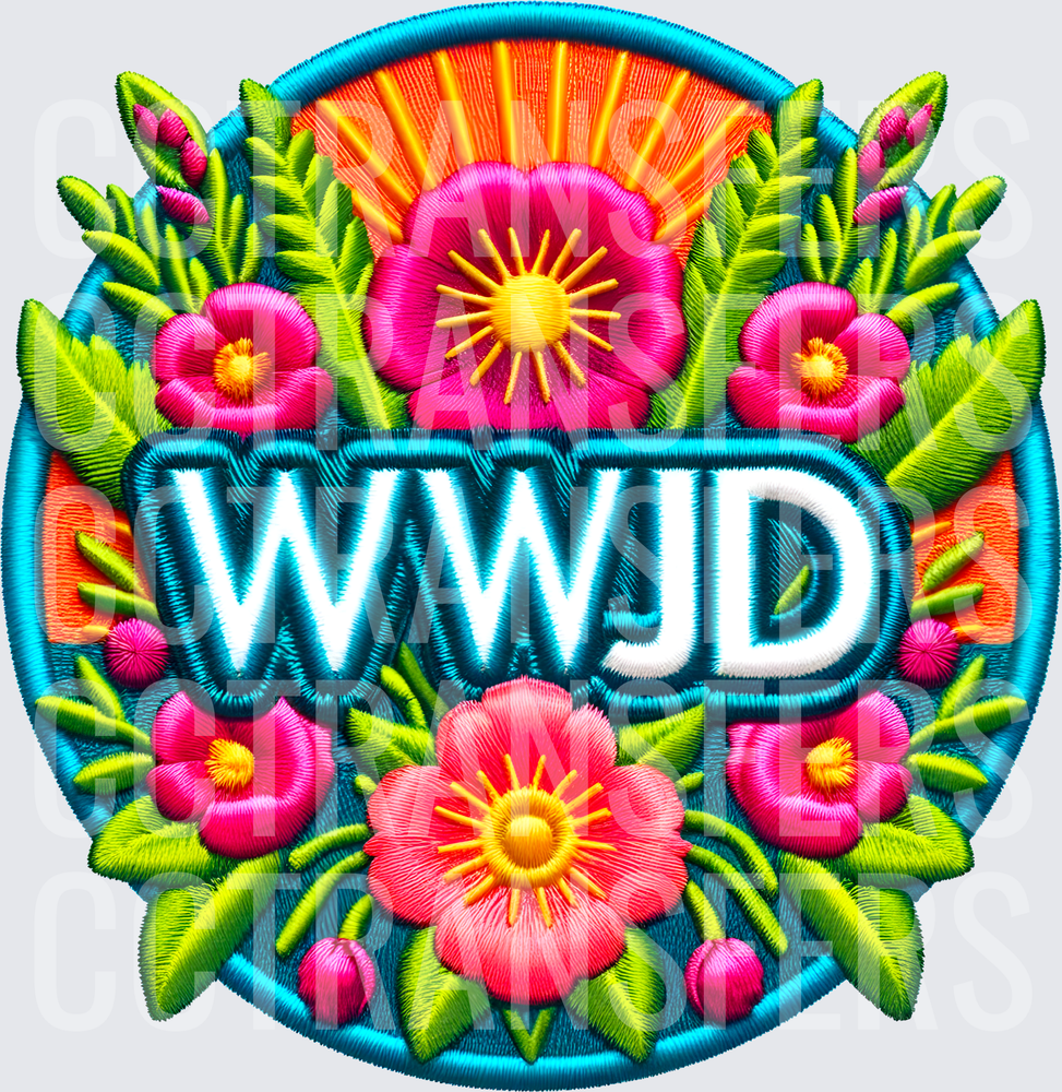 WWJD Embroidered Floral Sunburst Patch Design (DTF)