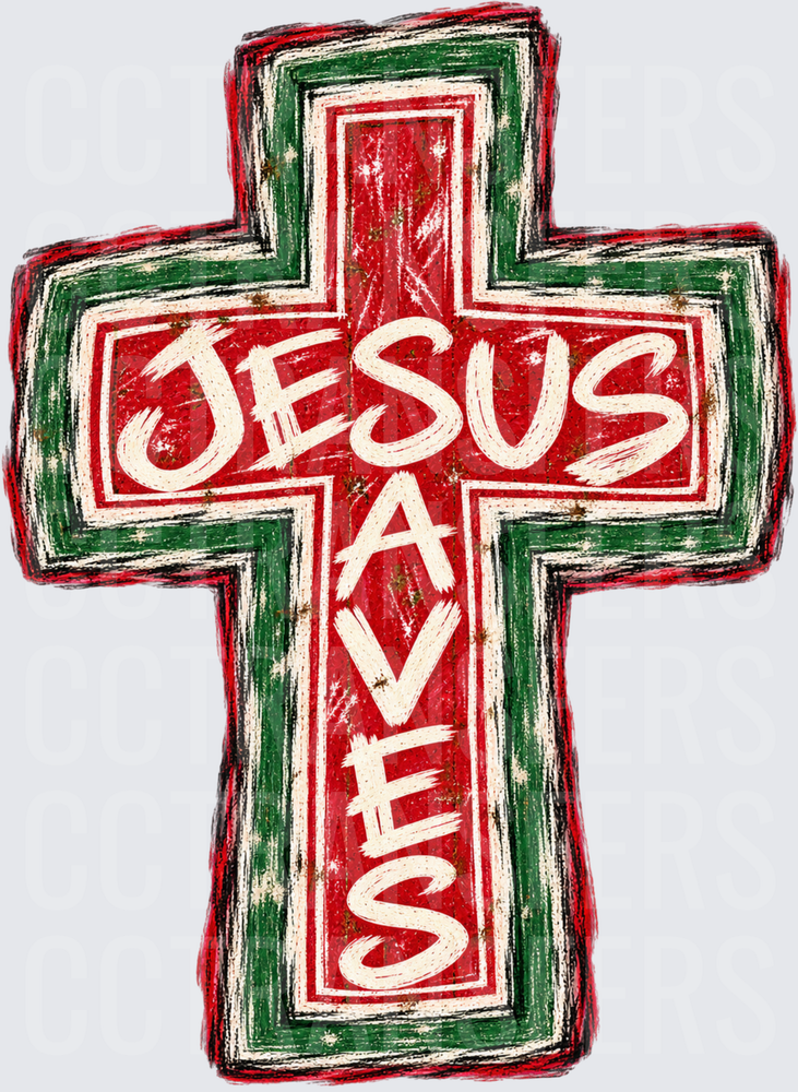 Jesus Saves Distressed Red Green Christmas Cross (DTF)