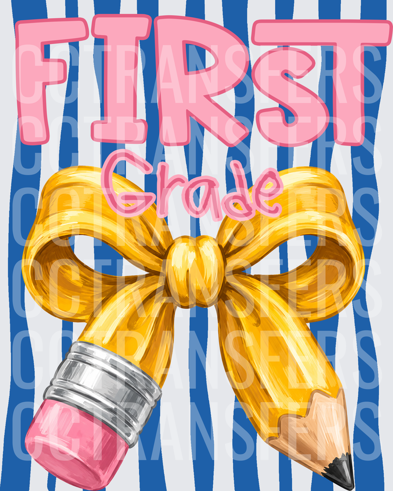 First Grade Pencil with Gold Bow Blue Stripe (DTF)