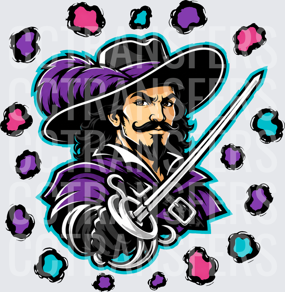 Bold Musketeer with Sword Purple Hat Colorful Splats (DTF)