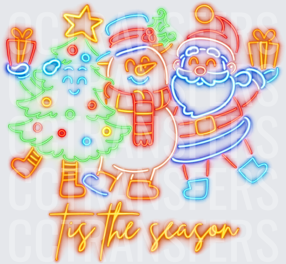 Neon Tis The Season Santa Snowman Christmas Tree (DTF)