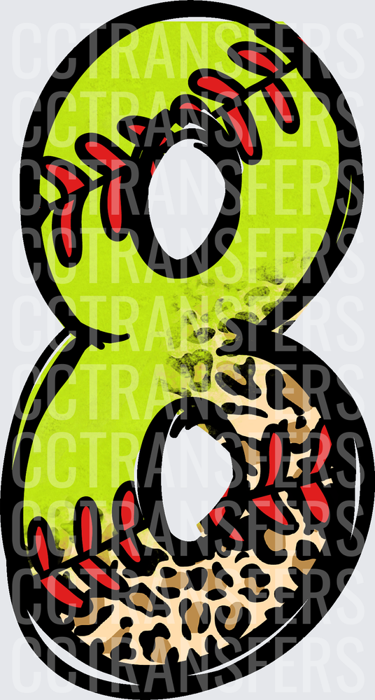 Softball Leopard Print Number 8 with Red Stitching (DTF)