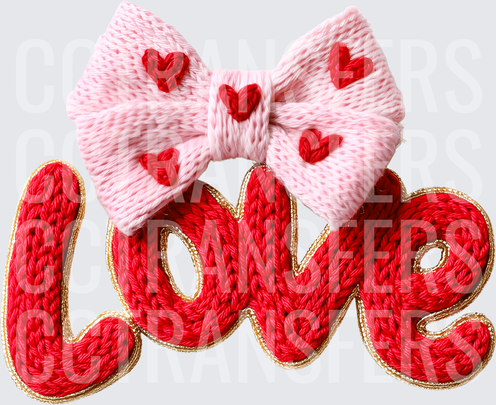 Knit Love Script Gold Outline Pink Bow Red Hearts (DTF)