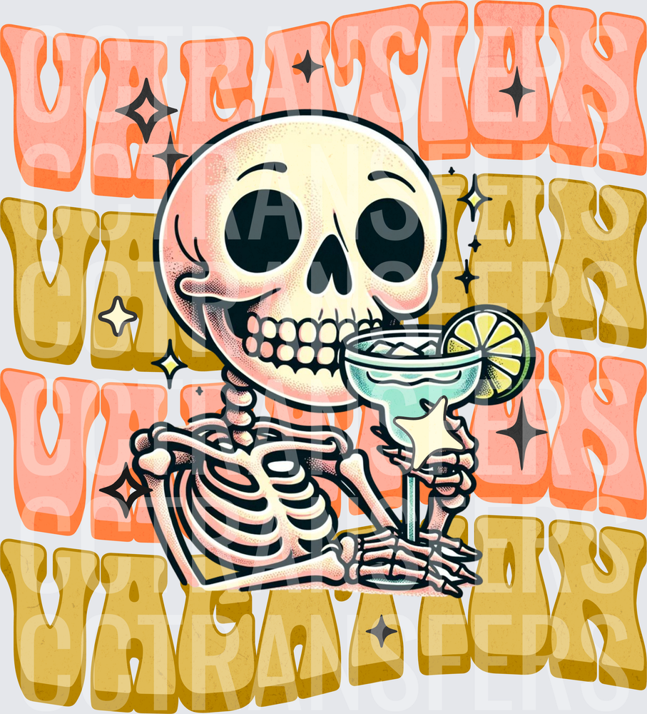 Vacation Skeleton Sipping Margarita Retro Stacked Text (DTF)