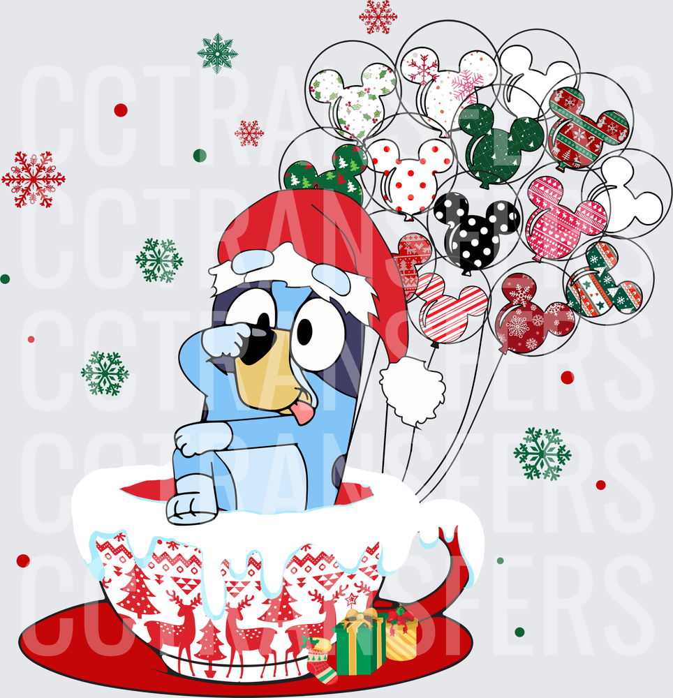 Cartoon Blue Puppy Santa Hat Holiday Mickey Balloons (DTF)