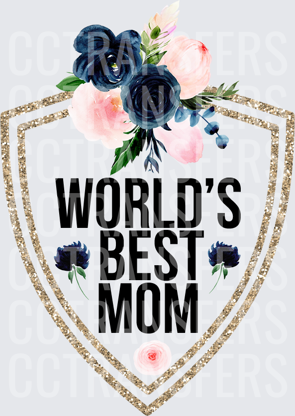 World's Best Mom Gold Glitter Shield Floral Badge (DTF)