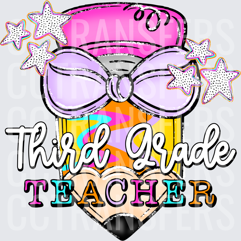 Third Grade Teacher Bow Pencil Stars (DTF)