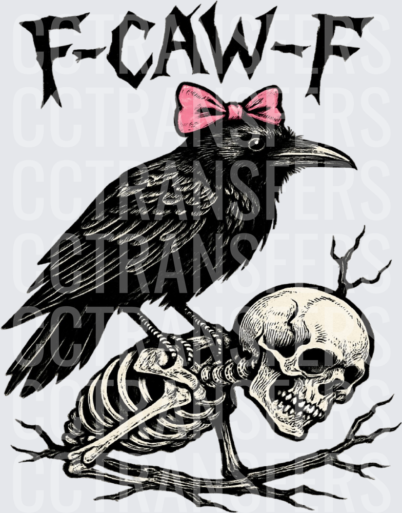F-CAW-F Crow With Pink Bow Perched on Skeleton (DTF)
