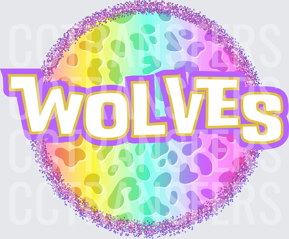 Rainbow Leopard Print Circle Glitter Wolves (DTF)