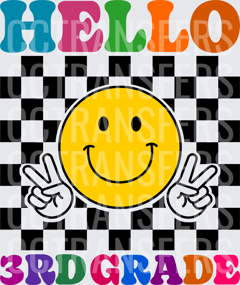 Hello 3rd Grade Smiley Face Peace Sign Checkered (DTF)
