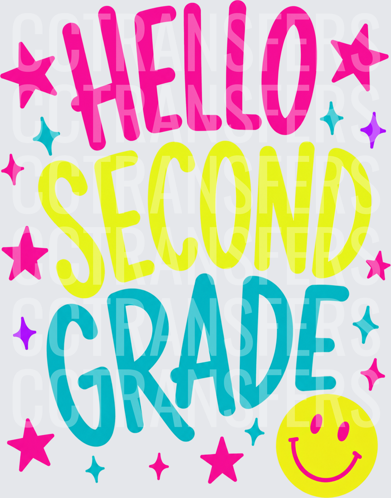 Hello Second Grade Colorful Stars Smiley Face (DTF)