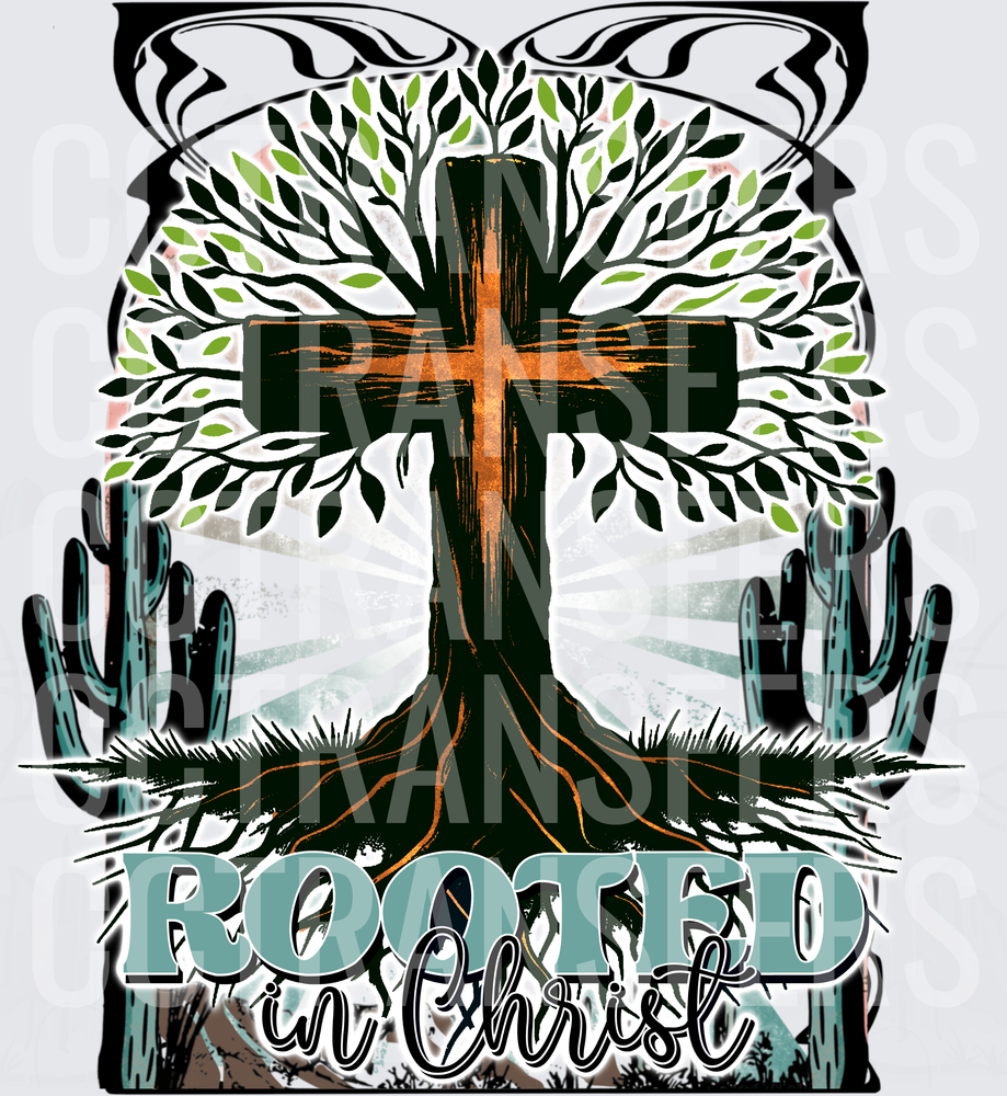 Rooted in Christ Cross Tree with Roots and Cacti (DTF)