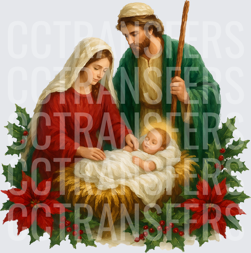 Holy Family Nativity Scene with Poinsettias and Holly (DTF)
