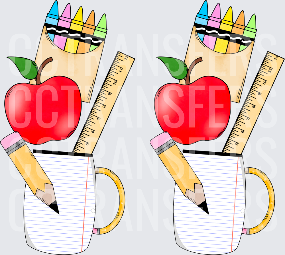 Teacher Supply Mug with Apple Crayons Pencil Ruler (DTF)
