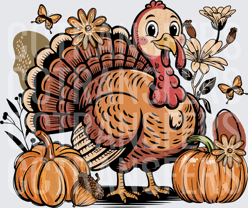 Cute Cartoon Turkey Pumpkins Acorn Fall Flowers Butterflies (DTF)