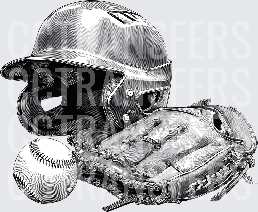 Black and White Baseball Helmet Glove and Ball Sketch (DTF)