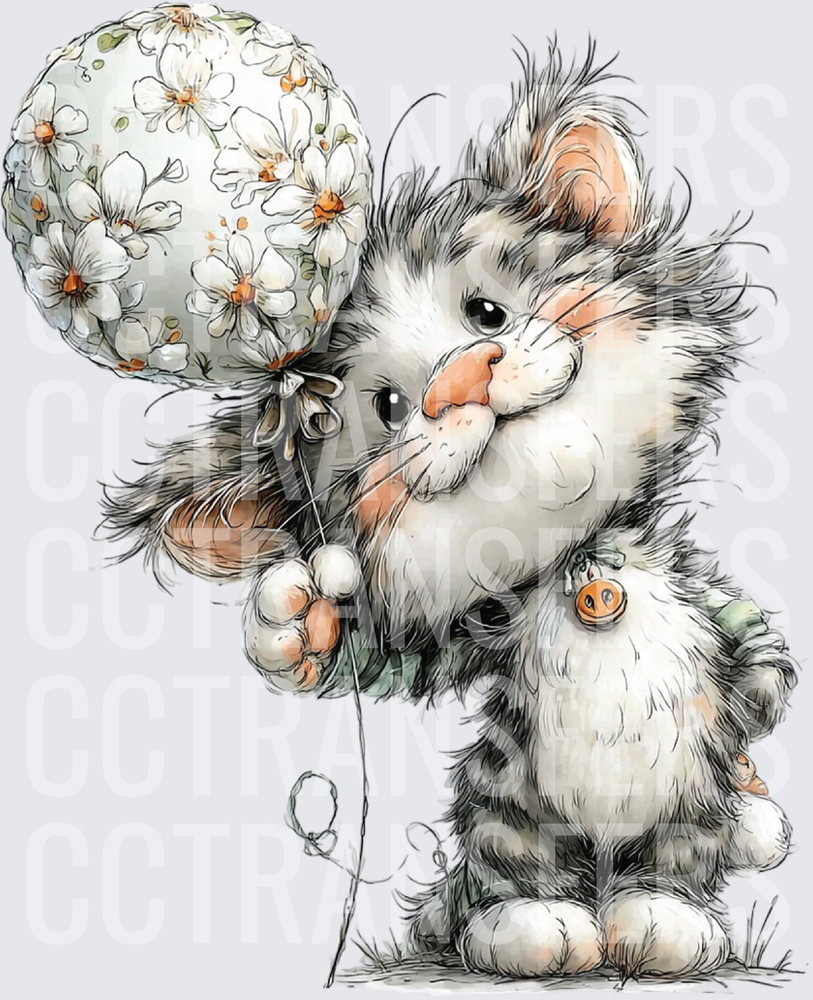 Fluffy Kitten Holding Floral Balloon Sketch Art (DTF)