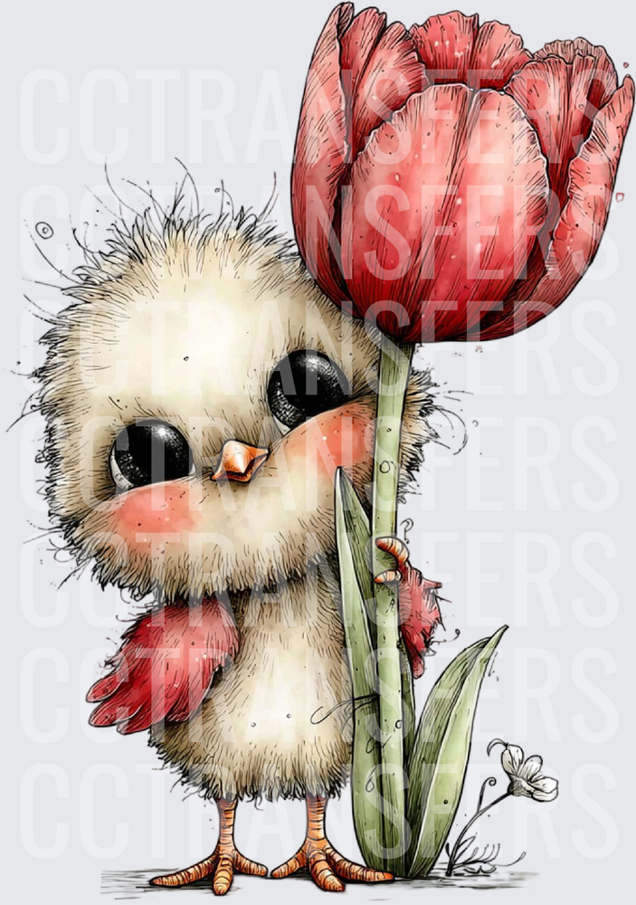Fluffy Baby Chick Hugging Red Tulip Spring (DTF)