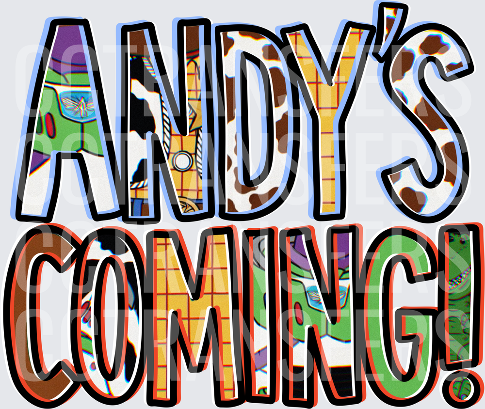 Andy's Coming Toy-Filled Bold Letter Design (DTF)
