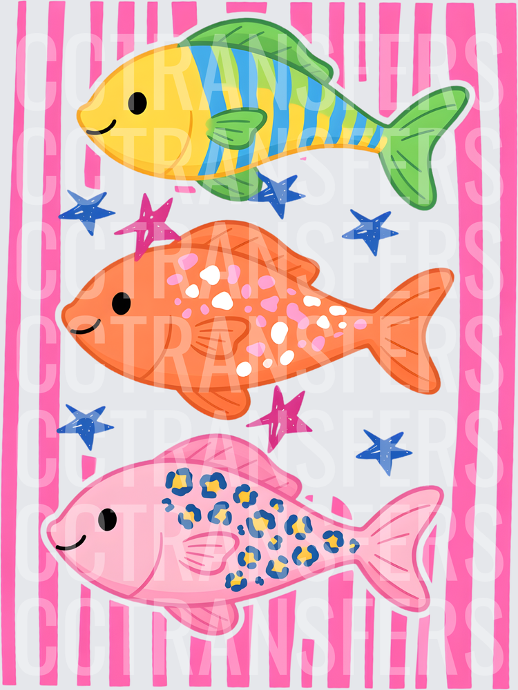 Cute Cartoon Fish Trio with Stars Pink Stripes (DTF)