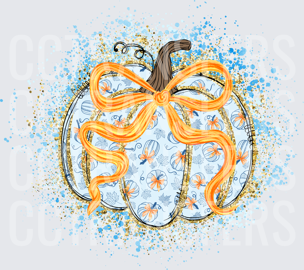 Blue Pumpkin with Orange Bow Gold Glitter Splatter (DTF)