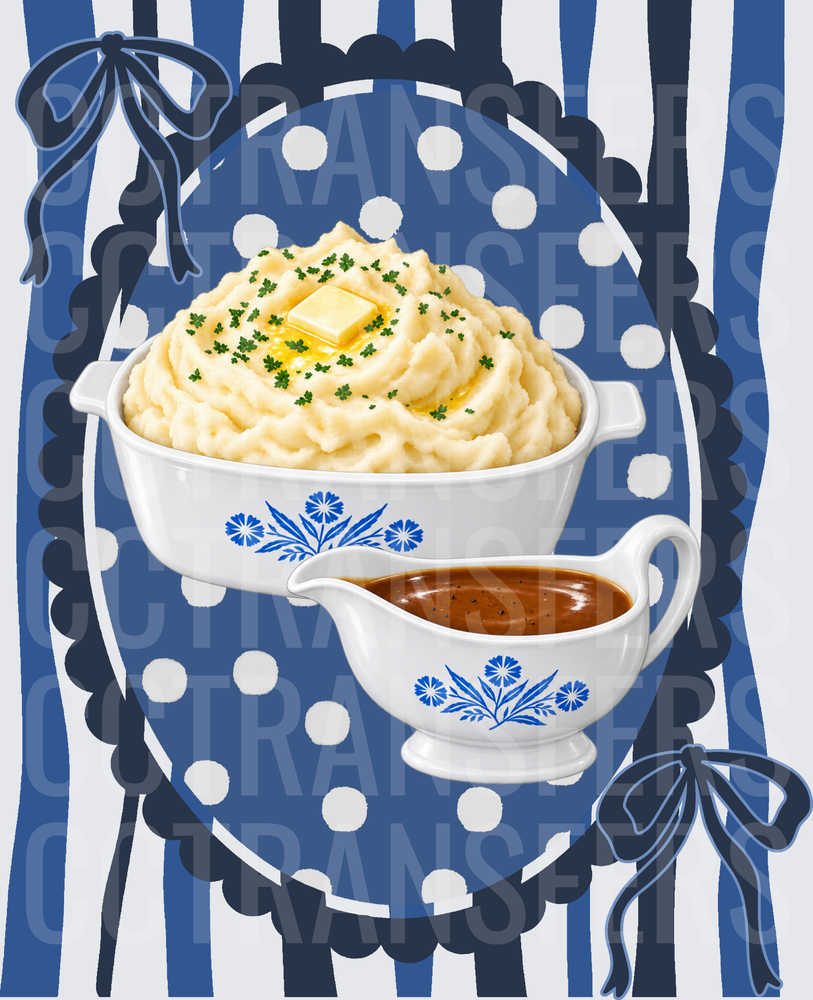 Mashed Potatoes with Butter and Gravy Boat Blue Floral (DTF)