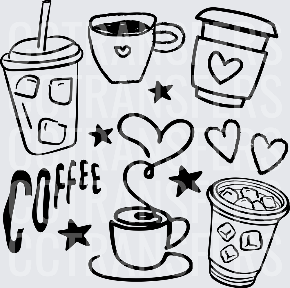 Coffee Lover Doodle Bundle with Hearts and Stars (DTF)