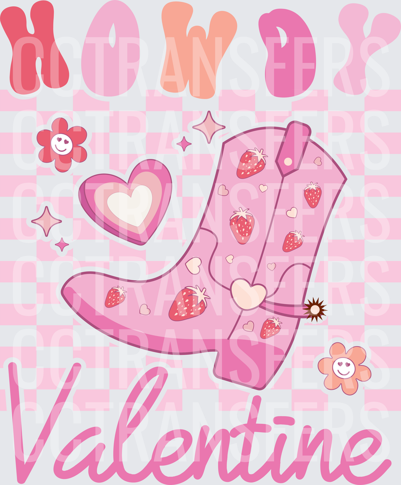 Howdy Valentine Pink Cowboy Boot Strawberry Hearts (DTF)