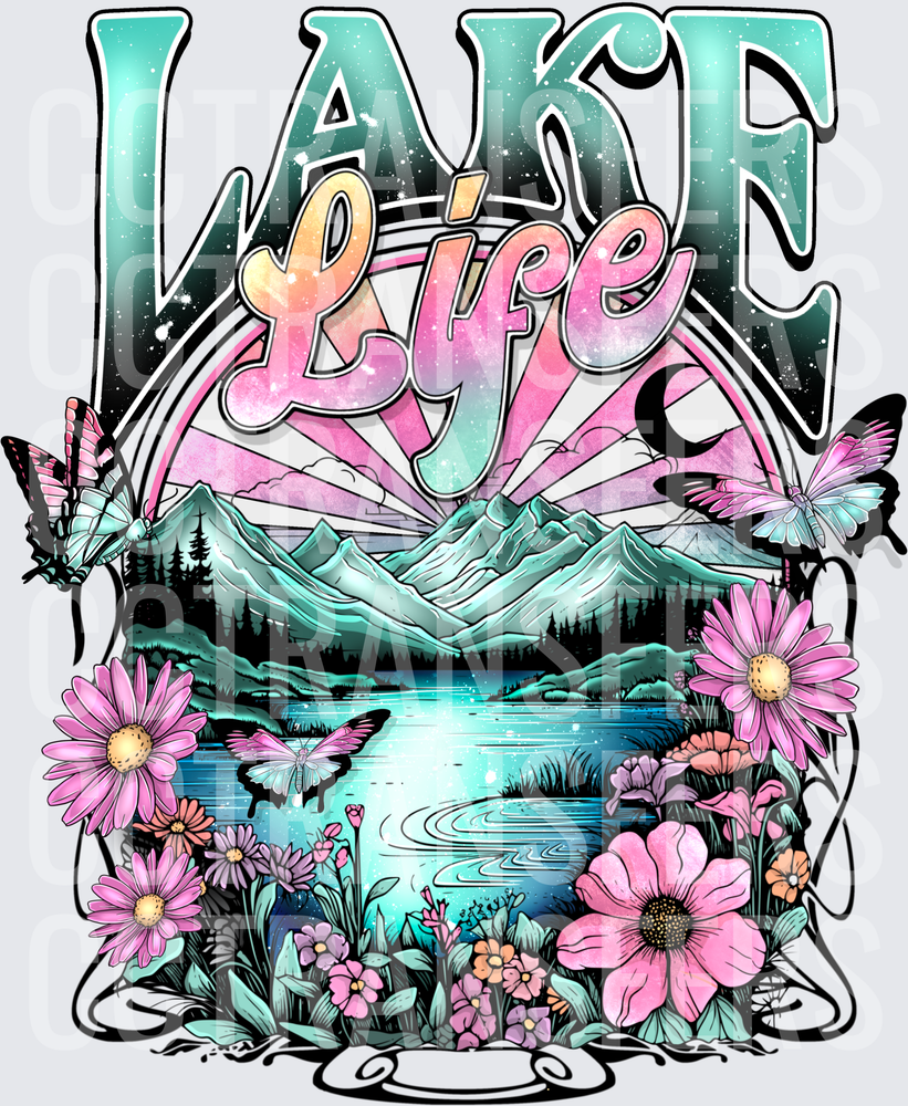 Lake Life Mountain Floral Butterfly Scenic Design (DTF)