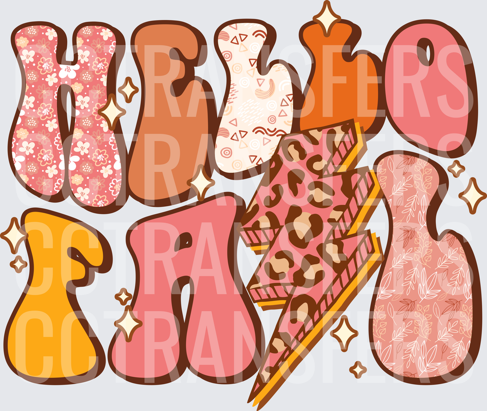 Hello Fall Boho Bubble Letters Leopard Lightning Bolt (DTF)