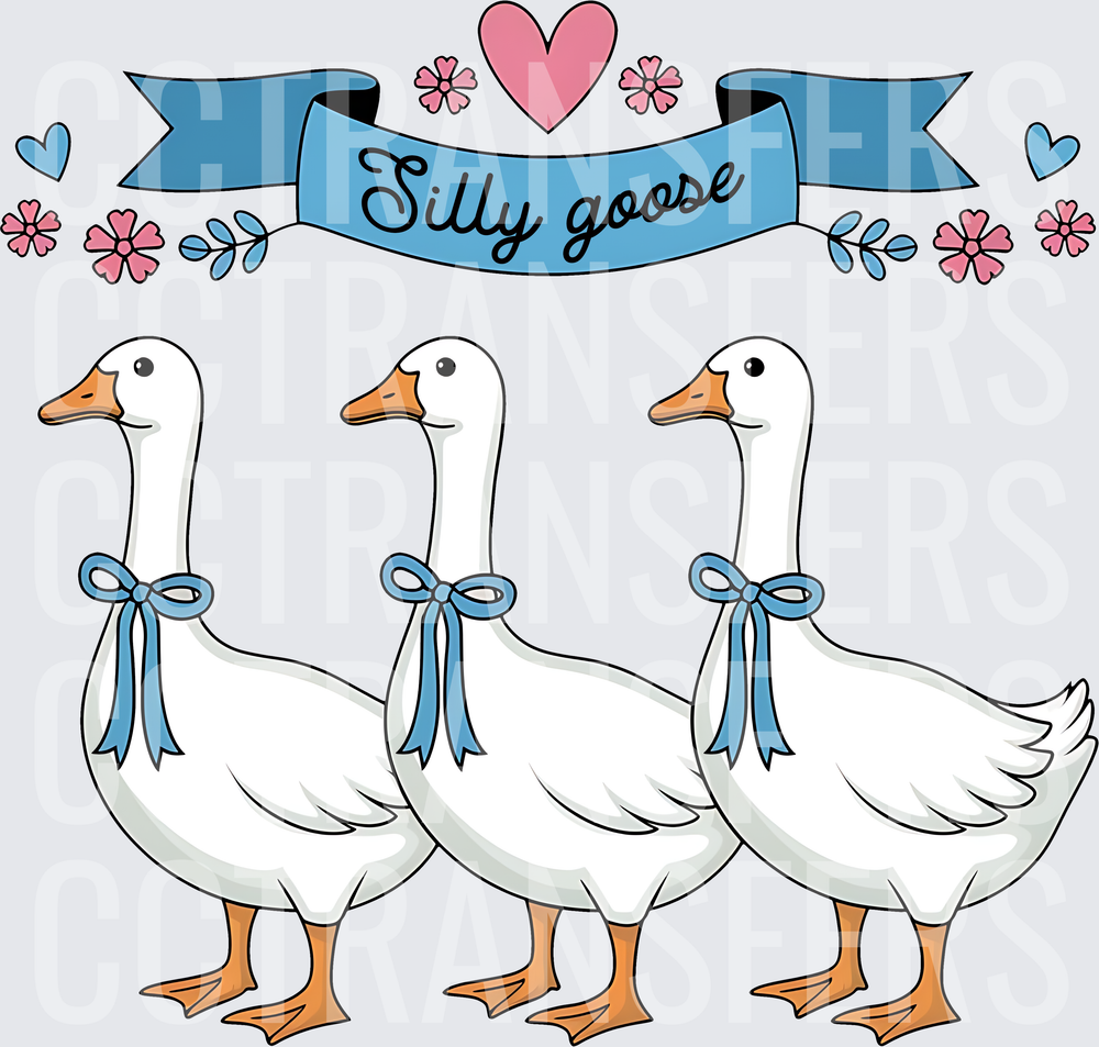 Silly Goose Banner Three White Geese Blue Bows Floral (DTF)