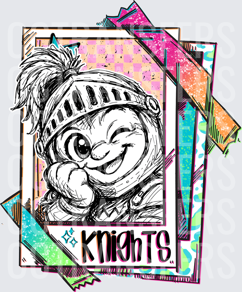 Cute Winking Knight Mascot Sketch Polaroid Stack Knights DTF