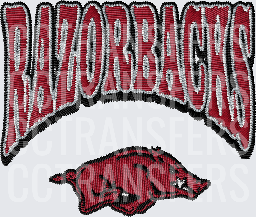 Razorbacks Embroidery Style Arched Wordmark with Hog (DTF)