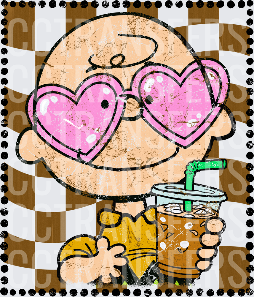Retro Cartoon Boy Heart Sunglasses Iced Coffee Stamp (DTF)