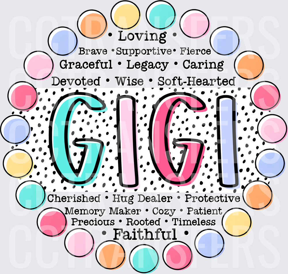 Gigi Word Art Pastel Polka Dot Circle Design (DTF)