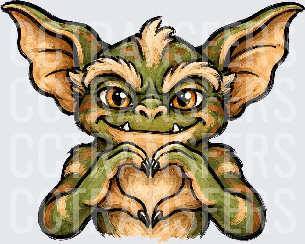 Mischievous Green Gremlin Making Heart Hands (DTF)