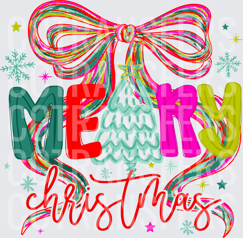 Merry Christmas Colorful Bow Tree Lettering Design (DTF)