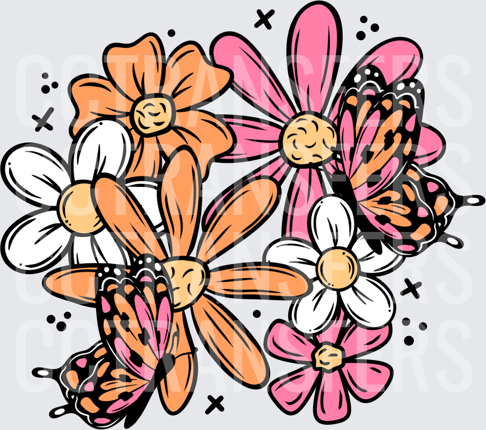 Retro Floral Bouquet with Butterflies Pink Orange (DTF)