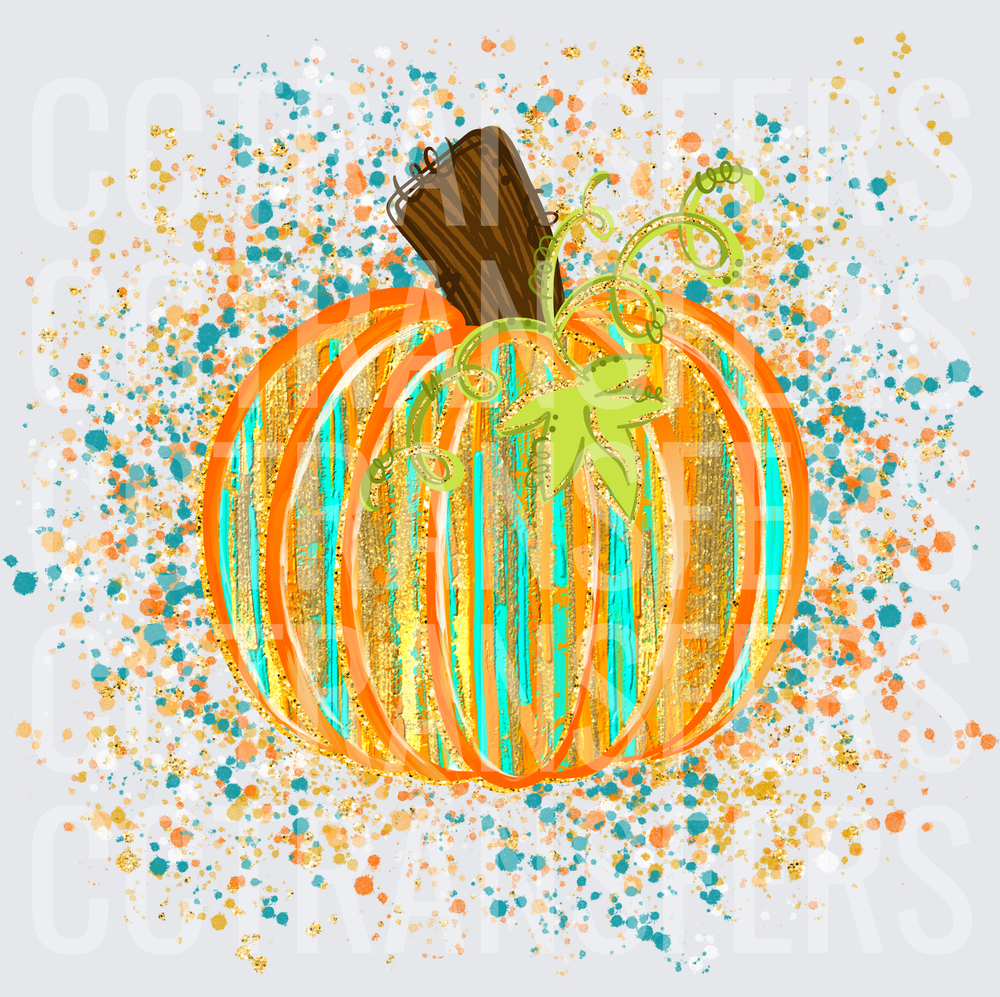 Boho Glitter Pumpkin Teal Gold Paint Splash (DTF)