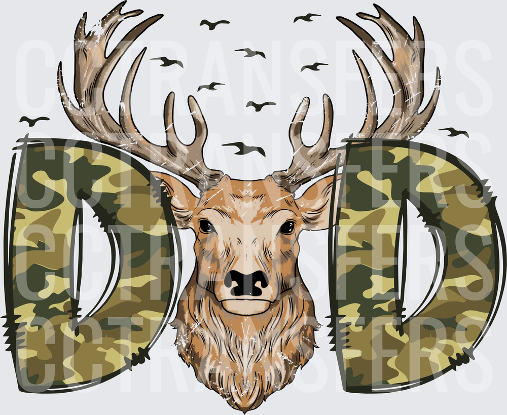 Camo DAD Buck Deer Head with Antlers and Birds (DTF)
