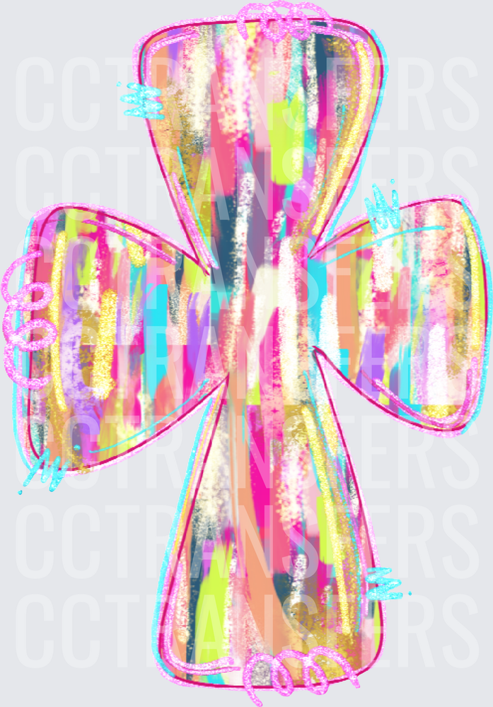 Colorful Brushstroke Cross Pink Glitter Outline (DTF)