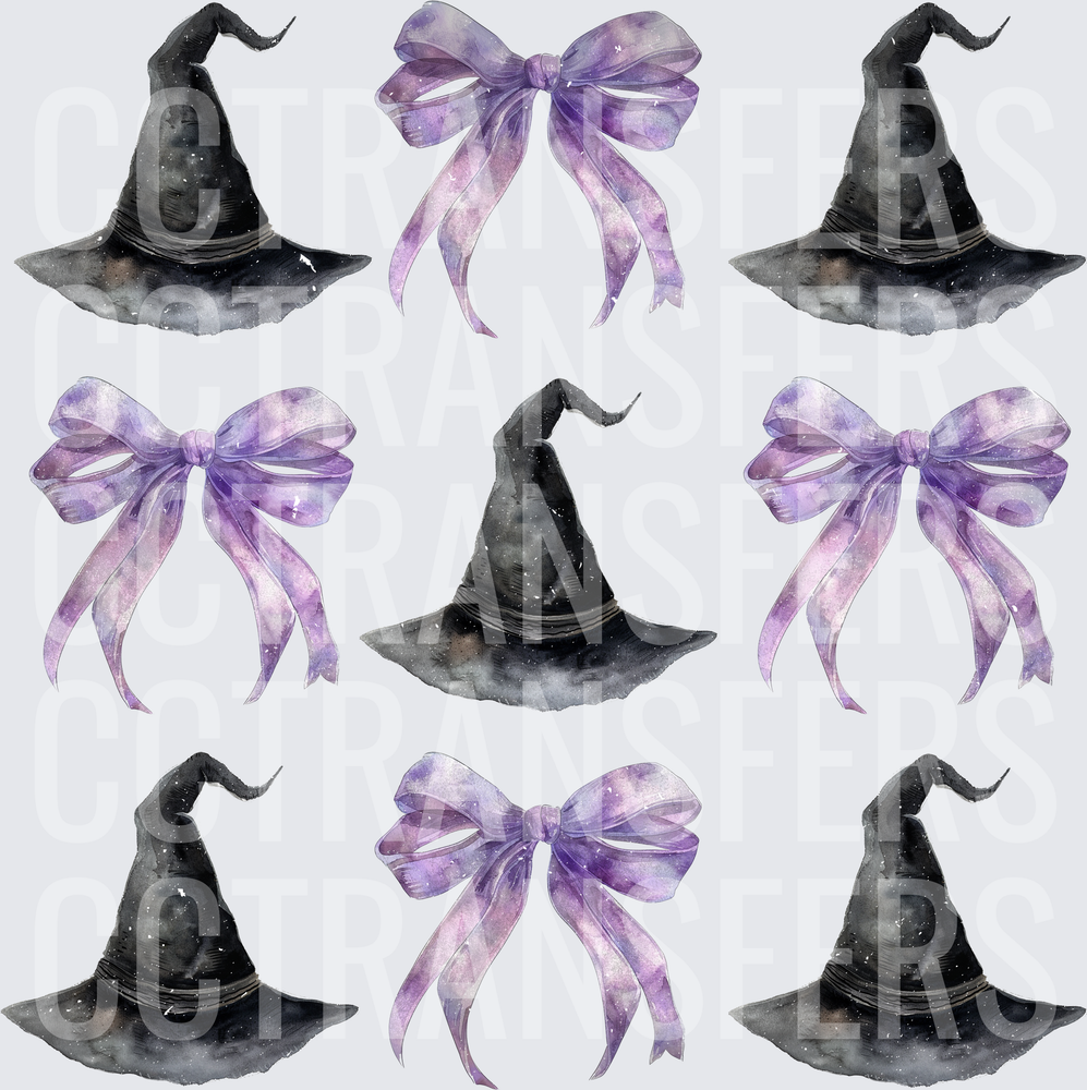 Watercolor Witch Hats Purple Bows Halloween Pattern (DTF)