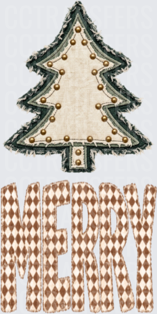 Rustic Fabric Christmas Tree Gold Studs Merry (DTF)