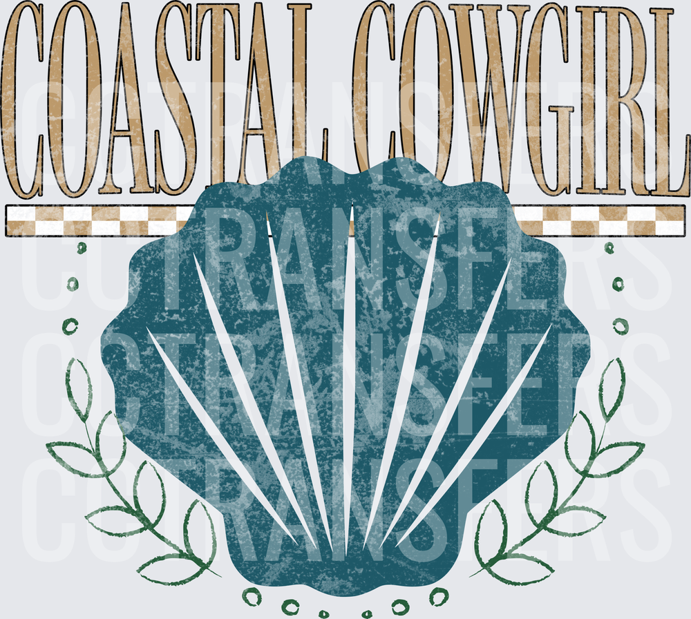 Coastal Cowgirl Teal Scallop Shell with Botanical Sprigs (DTF)