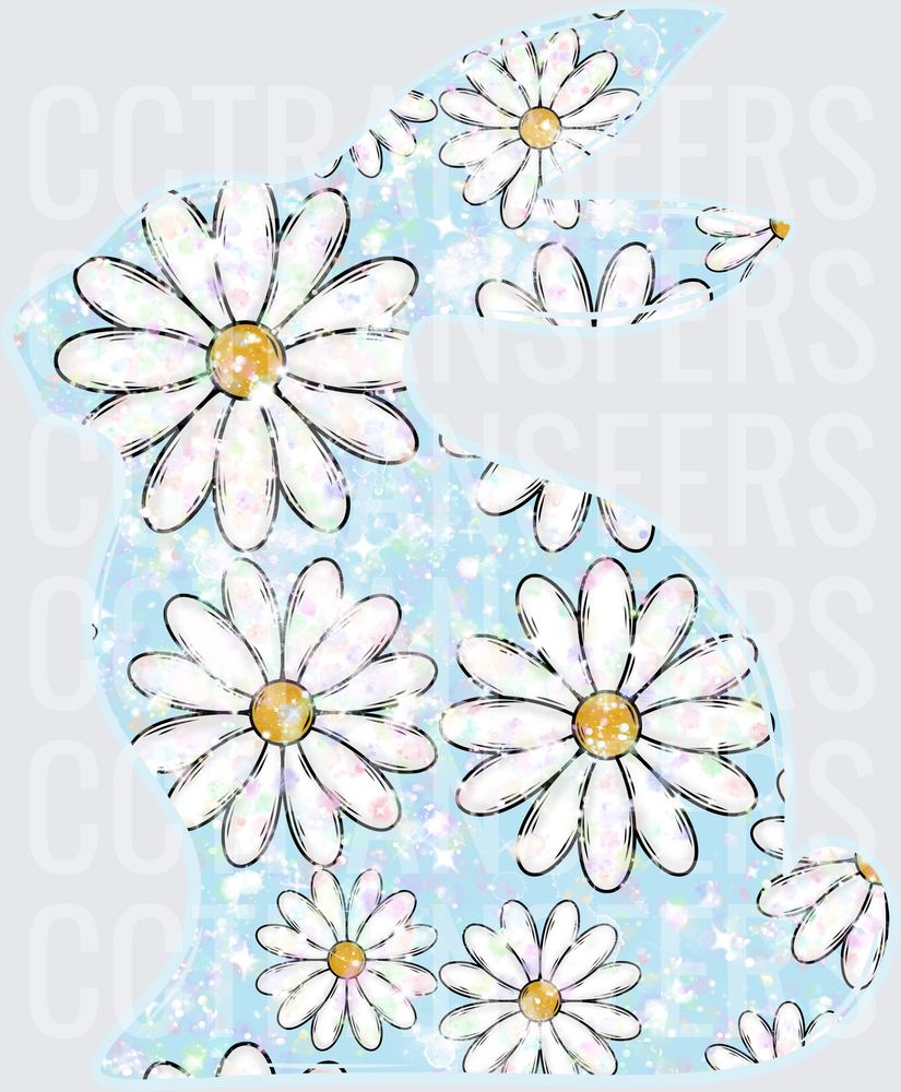 Glitter Blue Bunny Silhouette White Daisy Floral Pattern (DTF)