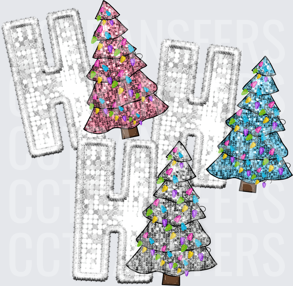 Ho Ho Ho Faux Sequin Christmas Trees with Lights (DTF)