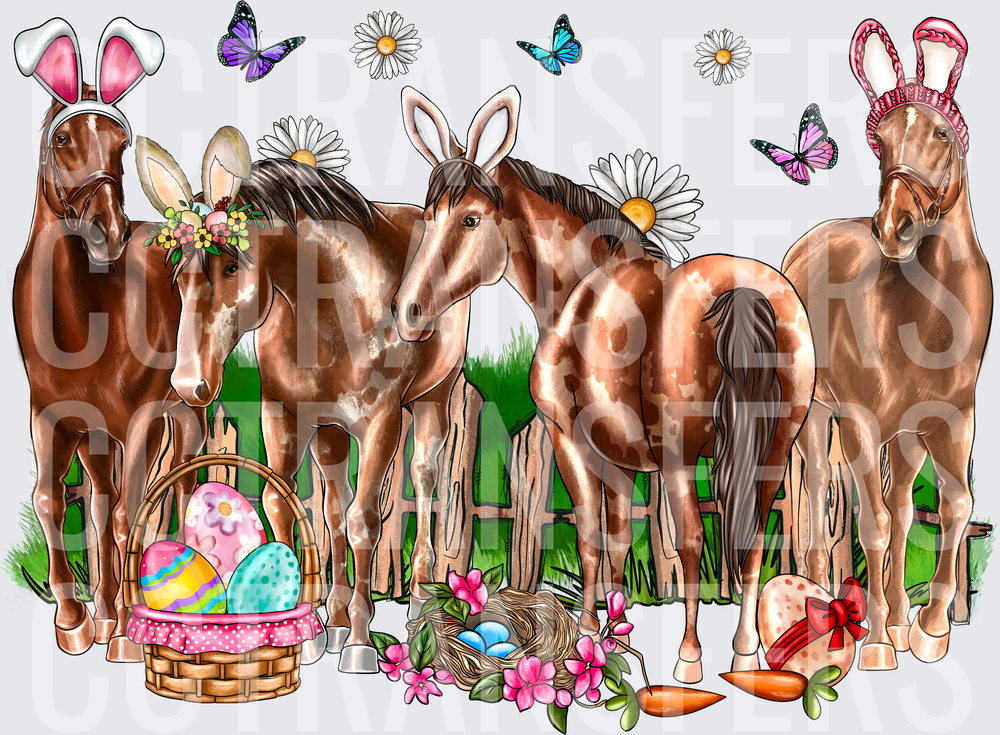 Easter Horses with Bunny Ears Butterflies and Eggs (DTF)